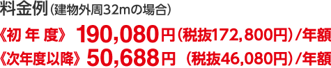 ●料金例（建物外周32mの場合）≪初年度≫186,624円（税抜172,800円）／年額　≪次年度以降≫49,766円（税抜46,080円）／年額